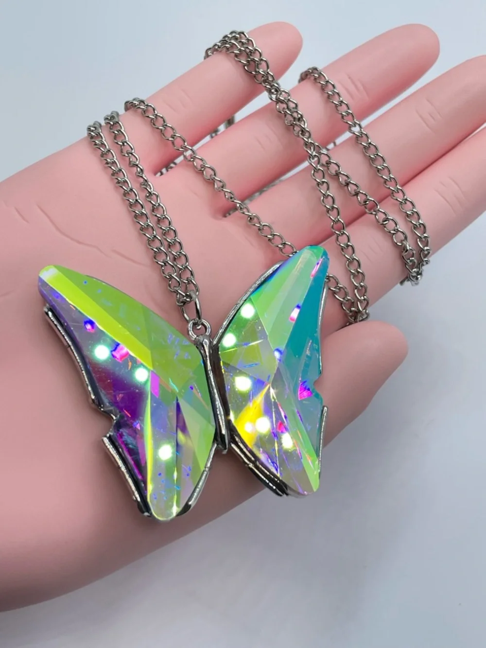 Butterfly AB Crystal Necklace Silver Tone Iridescent Statement Pendant